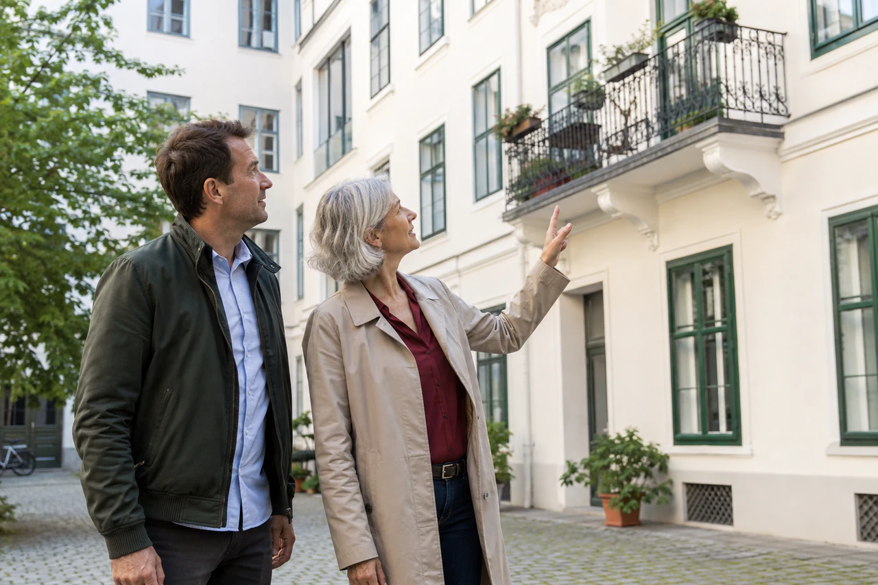 Symbolischer Austausch über die Fassade eines österreichischen Mehrparteienhauses.
