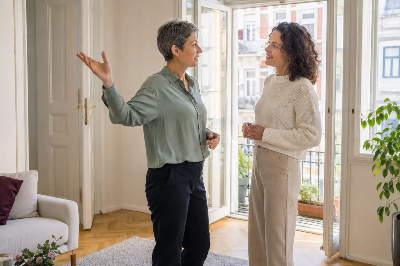 Symbolische Gesprächssituation zweier Frauen in einer hellen österreichischen Wohnung.